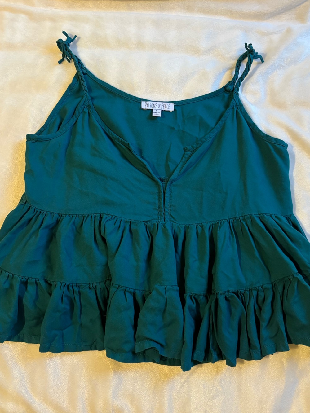 Patrons of Peace Teal Tiered Ruffle Crop Tank
